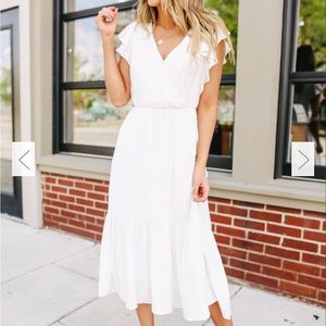 RUFFLE SLEEVE SURPLICE WHITE MIDI DRESS